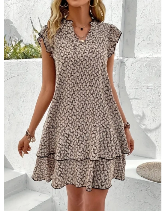 Kadın Kısa Kollu Yaka Kol Etek Ucu Fırfır Detaylı Desenli Süprem Kısa Elbise