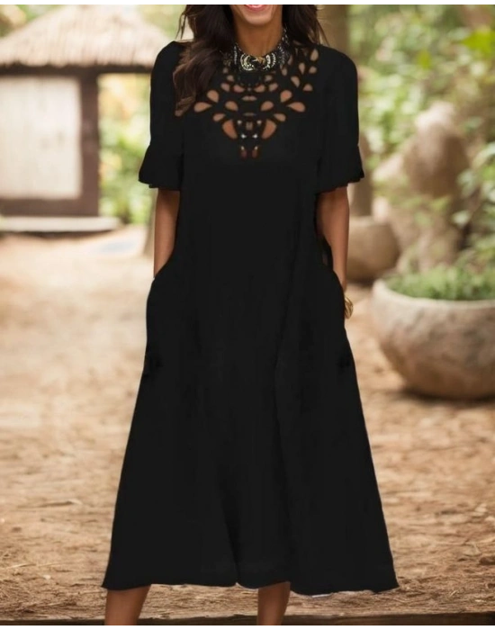 Kadın Kısa Kollu Yaka Lazer Kesim Midi Boy Pegasus Kumaş Elbise