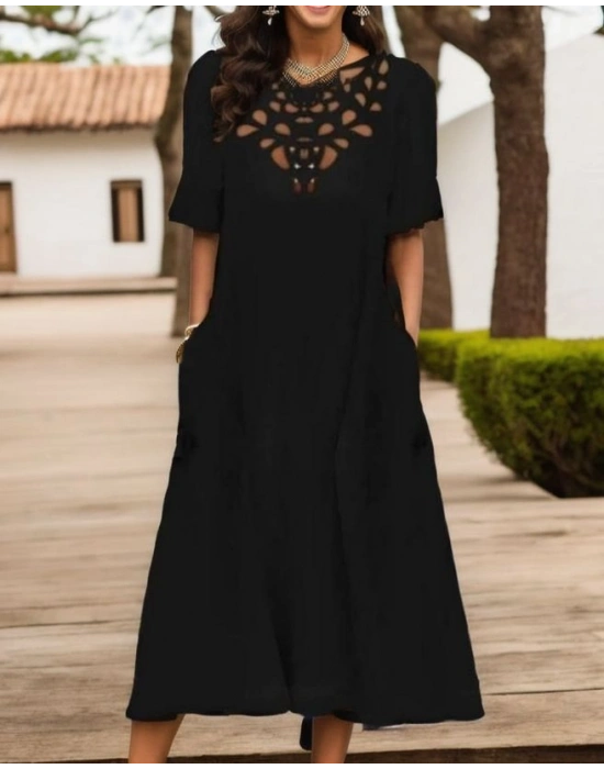 Kadın Kısa Kollu Yaka Lazer Kesim Midi Boy Pegasus Kumaş Elbise