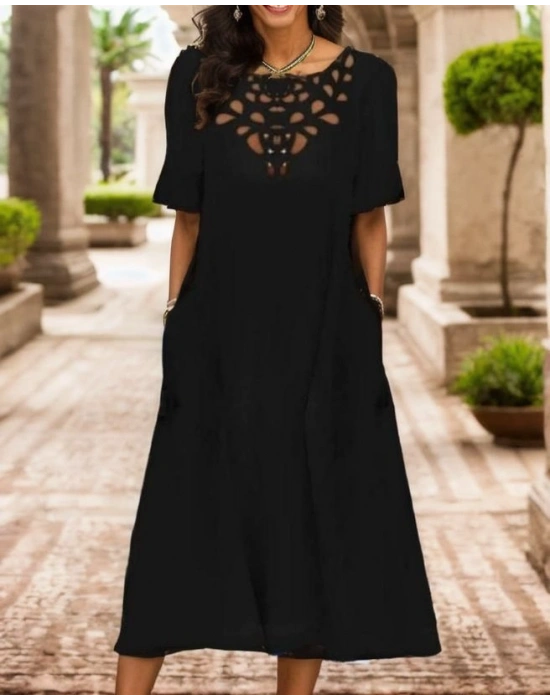 Kadın Kısa Kollu Yaka Lazer Kesim Midi Boy Pegasus Kumaş Elbise