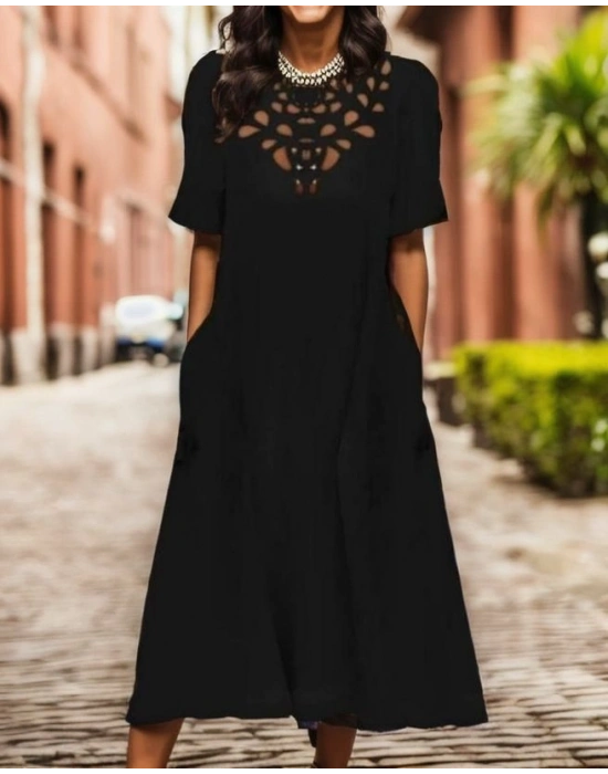 Kadın Kısa Kollu Yaka Lazer Kesim Midi Boy Pegasus Kumaş Elbise