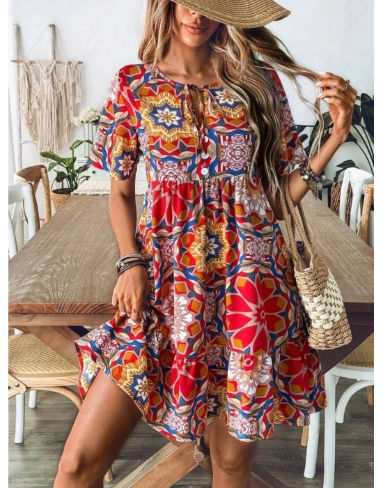 Kadın Kısa Kollu Yakadan Bağcıklı Desenli Fırfırlı Süprem Elbise