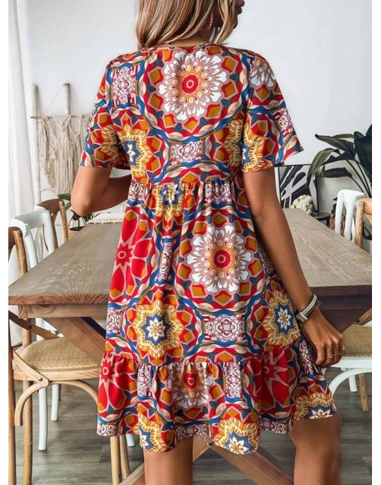 Kadın Kısa Kollu Yakadan Bağcıklı Desenli Fırfırlı Süprem Elbise