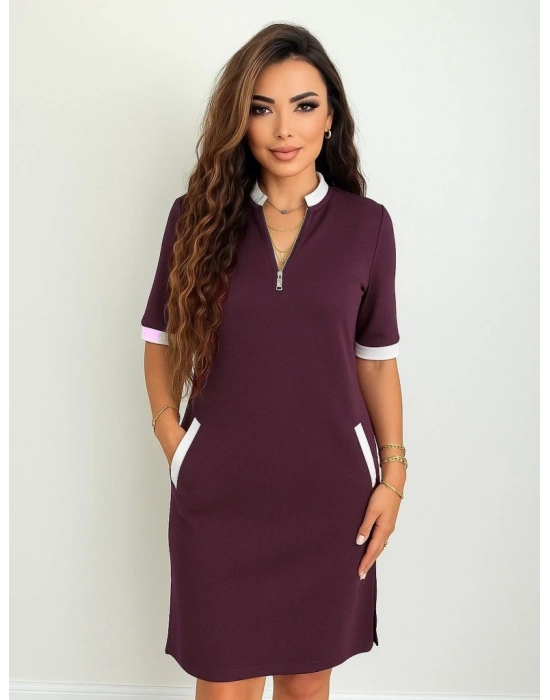 Kadın Kısa Kollu Yakadan Fermuarlı Cepli Yandan Yırtmaçlı Viskon Elbise