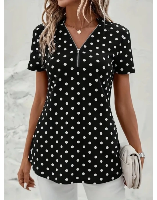 Kadın Kısa Kollu Yakadan Fermuarlı Puantiyeli Uzun Dokuma Viskon Bluz