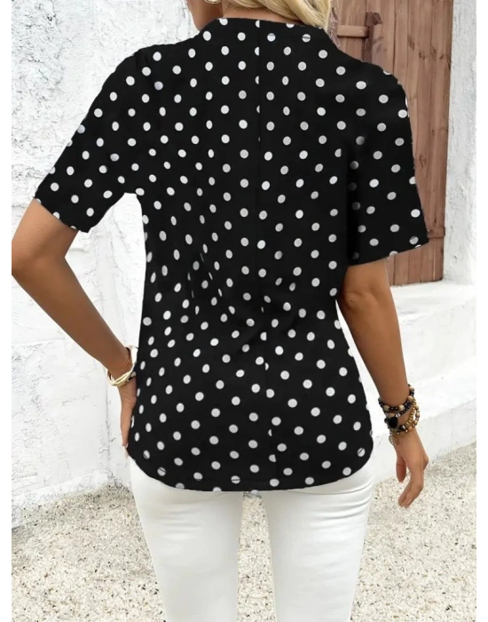 Kadın Kısa Kollu Yakadan Fermuarlı Puantiyeli Uzun Dokuma Viskon Bluz