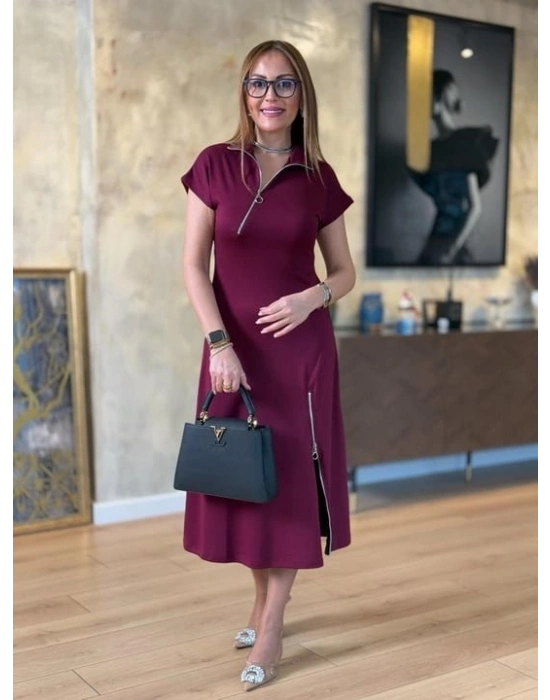 Kadın Kısa Kollu Yakadan Ve Etekten Fermuarlı Midi Viskon Iki Iplik Elbise