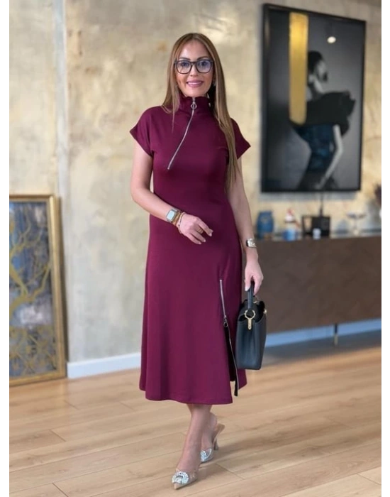 Kadın Kısa Kollu Yakadan Ve Etekten Fermuarlı Midi Viskon Iki Iplik Elbise