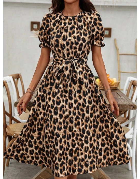 Kadın Kısa Kollu Yakalı Belden Kuşaklı Leopar Desenli Midi Süprem Elbise