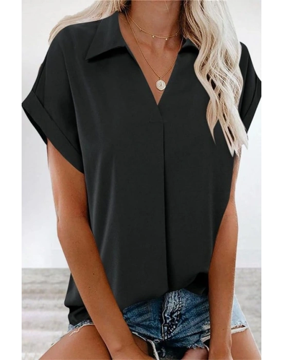 Kadın Kısa Kollu Yakalı Dokuma Viskon Bluz