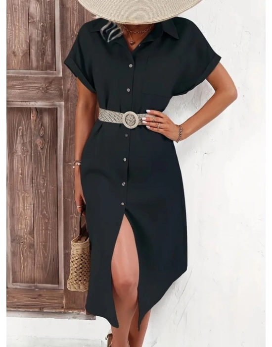 Kadın Kısa Kollu Yakalı Düğme Detay Midi Dokuma Elbise