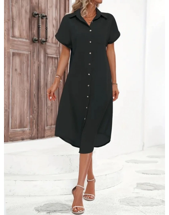 Kadın Kısa Kollu Yakalı Düğme Detay Midi Dokuma Elbise