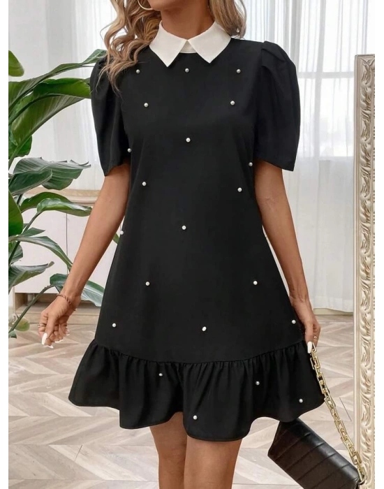 Kadın Kısa Kollu Yakalı Inci Detaylı Kısa Ithal Krep Elbise