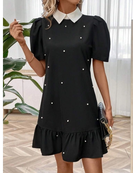 Kadın Kısa Kollu Yakalı Inci Detaylı Kısa Ithal Krep Elbise