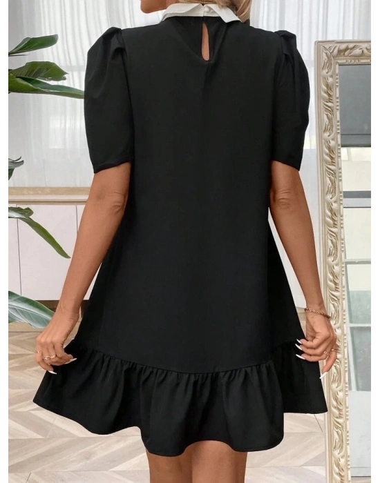 Kadın Kısa Kollu Yakalı Inci Detaylı Kısa Ithal Krep Elbise