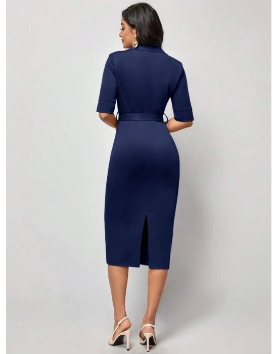 Kadın Kısa Kollu Yakalı Kruvaze Yakalı Beli Kemerli Midi Modal Elbise