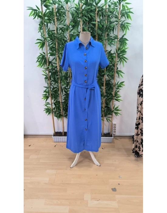 Kadın Kısa Kollu Yakalı önden Düğmeli Beli Kuşaklı Ithal Keten Elbise