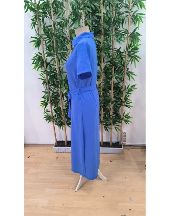 Kadın Kısa Kollu Yakalı önden Düğmeli Beli Kuşaklı Ithal Keten Elbise