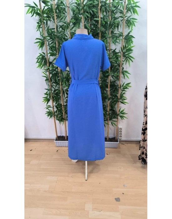 Kadın Kısa Kollu Yakalı önden Düğmeli Beli Kuşaklı Ithal Keten Elbise