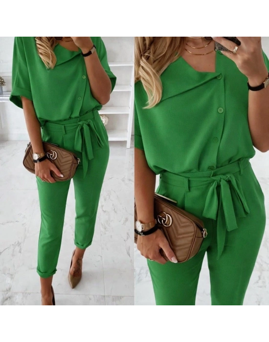 Kadın Kısa Kollu Yakalı önden Düğmeli Bürümcük Bluz Ve Pantolon Ikili Takım