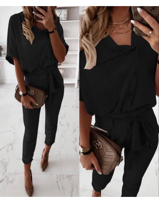 Kadın Kısa Kollu Yakalı önden Düğmeli Bürümcük Bluz Ve Pantolon Ikili Takım