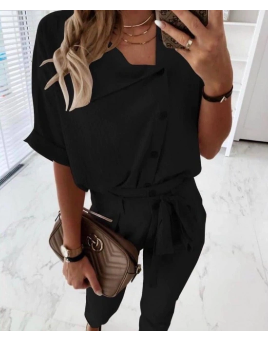 Kadın Kısa Kollu Yakalı önden Düğmeli Bürümcük Bluz Ve Pantolon Ikili Takım