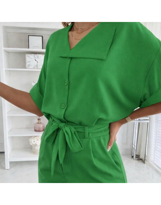 Kadın Kısa Kollu Yakalı önden Düğmeli Bürümcük Bluz Ve Pantolon Ikili Takım