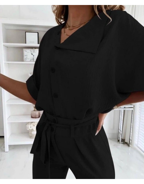 Kadın Kısa Kollu Yakalı önden Düğmeli Bürümcük Bluz Ve Pantolon Ikili Takım