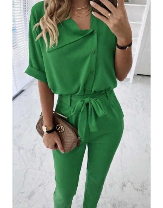 Kadın Kısa Kollu Yakalı önden Düğmeli Bürümcük Bluz Ve Pantolon Ikili Takım