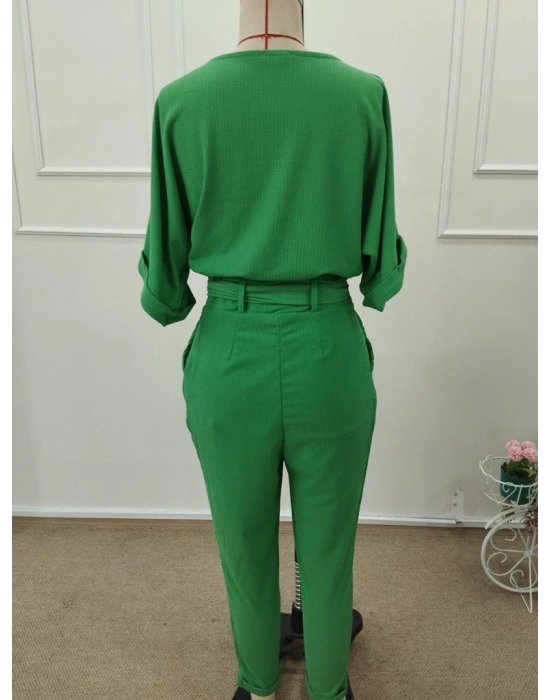 Kadın Kısa Kollu Yakalı önden Düğmeli Bürümcük Bluz Ve Pantolon Ikili Takım