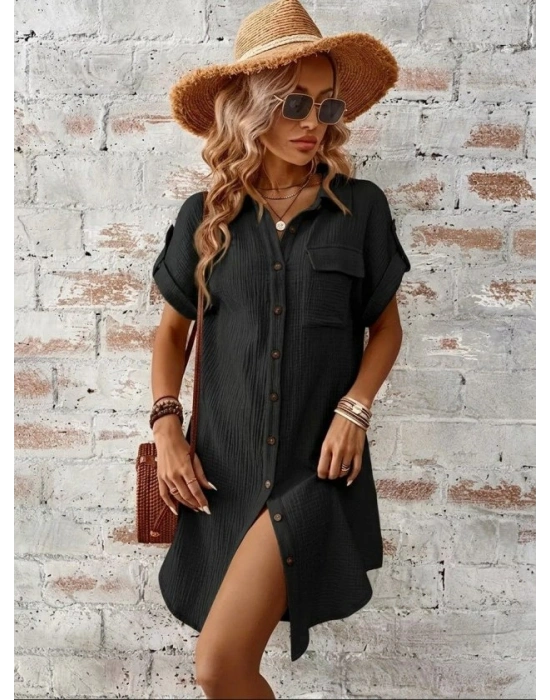 Kadın Kısa Kollu Yakalı önden Düğmeli Bürümcük Kısa Elbise