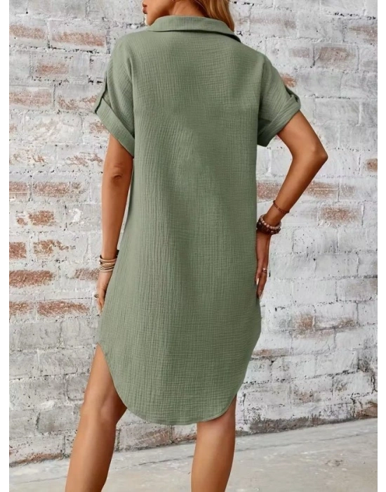 Kadın Kısa Kollu Yakalı önden Düğmeli Bürümcük Kısa Elbise