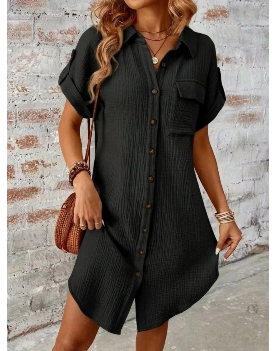 Kadın Kısa Kollu Yakalı önden Düğmeli Bürümcük Kısa Elbise
