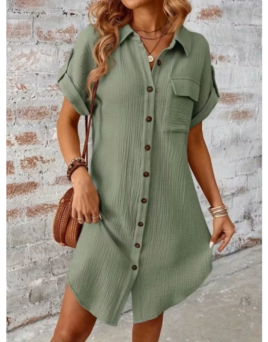 Kadın Kısa Kollu Yakalı önden Düğmeli Bürümcük Kısa Elbise