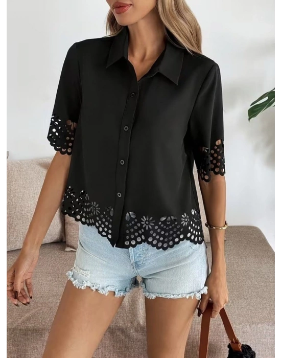 Kadın Kısa Kollu Yakalı önden Düğmeli Dubai Gömlek Bluz