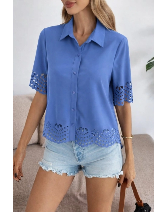 Kadın Kısa Kollu Yakalı önden Düğmeli Dubai Gömlek Bluz