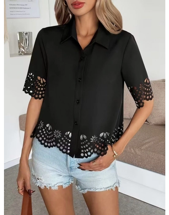 Kadın Kısa Kollu Yakalı önden Düğmeli Dubai Gömlek Bluz
