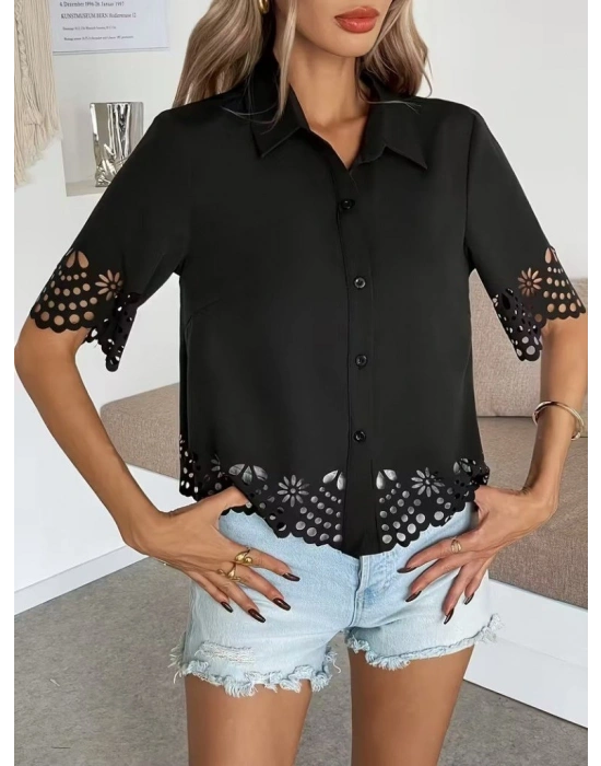 Kadın Kısa Kollu Yakalı önden Düğmeli Dubai Gömlek Bluz