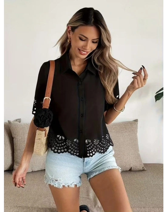 Kadın Kısa Kollu Yakalı önden Düğmeli Dubai Gömlek Bluz