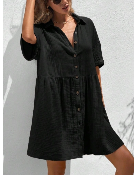 Kadın Kısa Kollu Yakalı önden Düğmeli Kısa Bürümcük Elbise