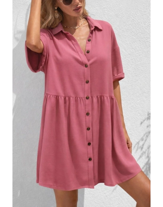 Kadın Kısa Kollu Yakalı önden Düğmeli Kısa Bürümcük Elbise