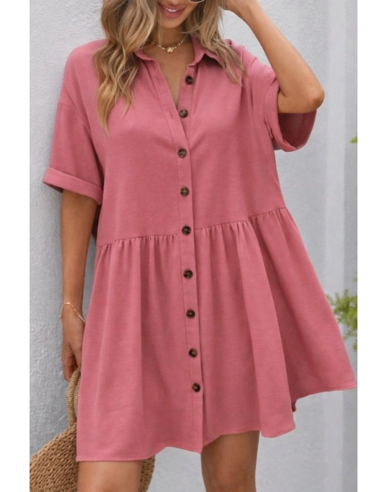 Kadın Kısa Kollu Yakalı önden Düğmeli Kısa Bürümcük Elbise