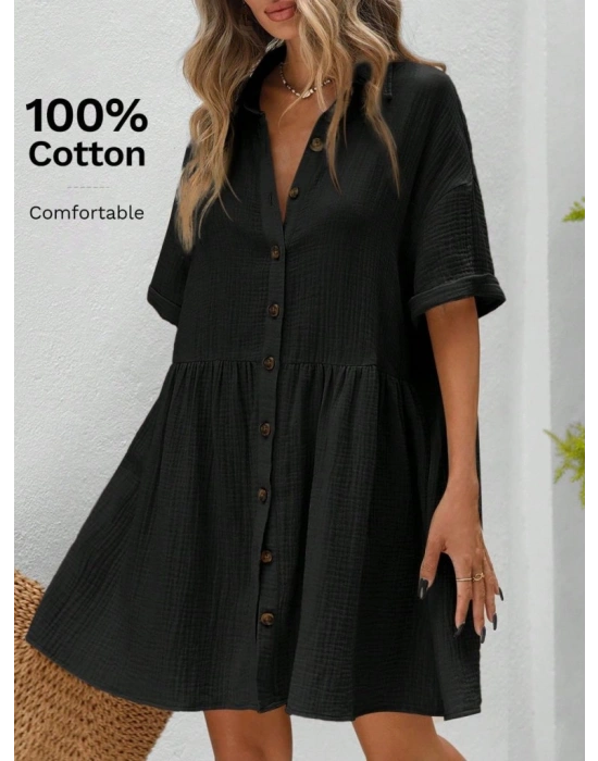 Kadın Kısa Kollu Yakalı önden Düğmeli Kısa Bürümcük Elbise