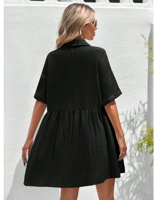 Kadın Kısa Kollu Yakalı önden Düğmeli Kısa Bürümcük Elbise