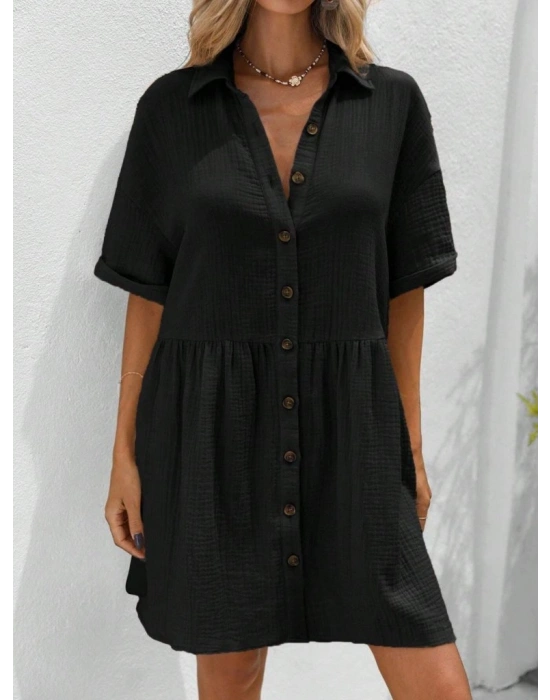 Kadın Kısa Kollu Yakalı önden Düğmeli Kısa Bürümcük Elbise