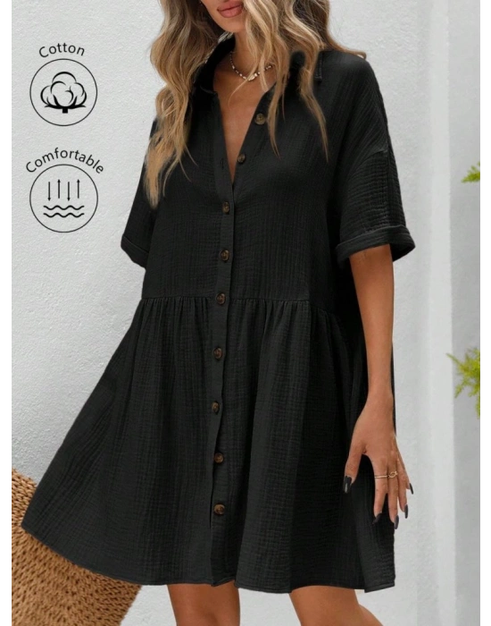 Kadın Kısa Kollu Yakalı önden Düğmeli Kısa Bürümcük Elbise