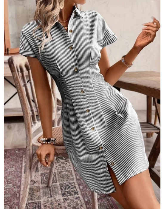 Kadın Kısa Kollu Yakalı önden Düğmeli Kısa Trikoton Elbise