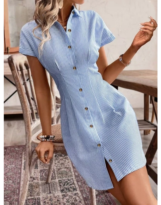 Kadın Kısa Kollu Yakalı önden Düğmeli Kısa Trikoton Elbise