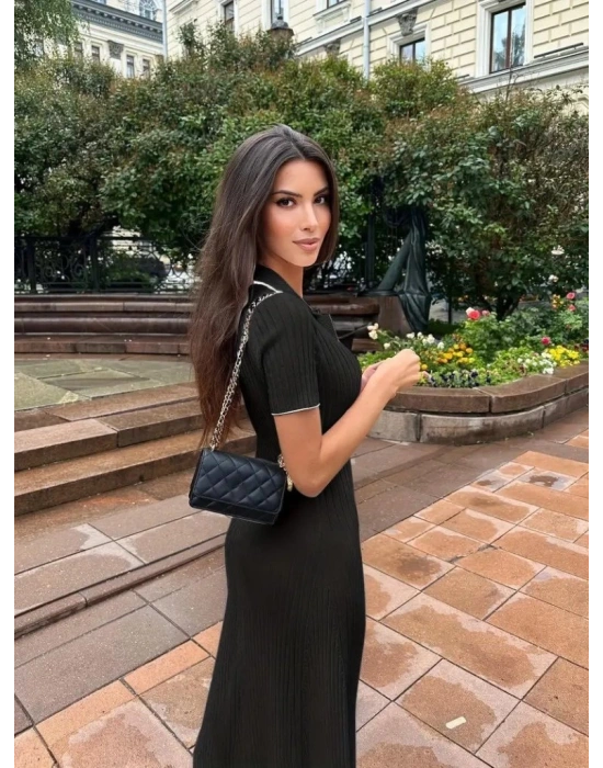 Kadın Kısa Kollu Yakalı önden Düğmeli Maxi Triko Elbise