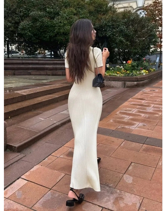 Kadın Kısa Kollu Yakalı önden Düğmeli Maxi Triko Elbise